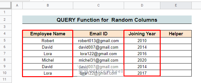 random columns method to filter duplicates in google sheets